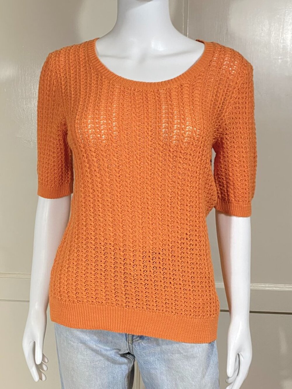 RALPH LAUREN Tangerine Orange Short Sleeve Open Knit Sweater Linen, Size Medium